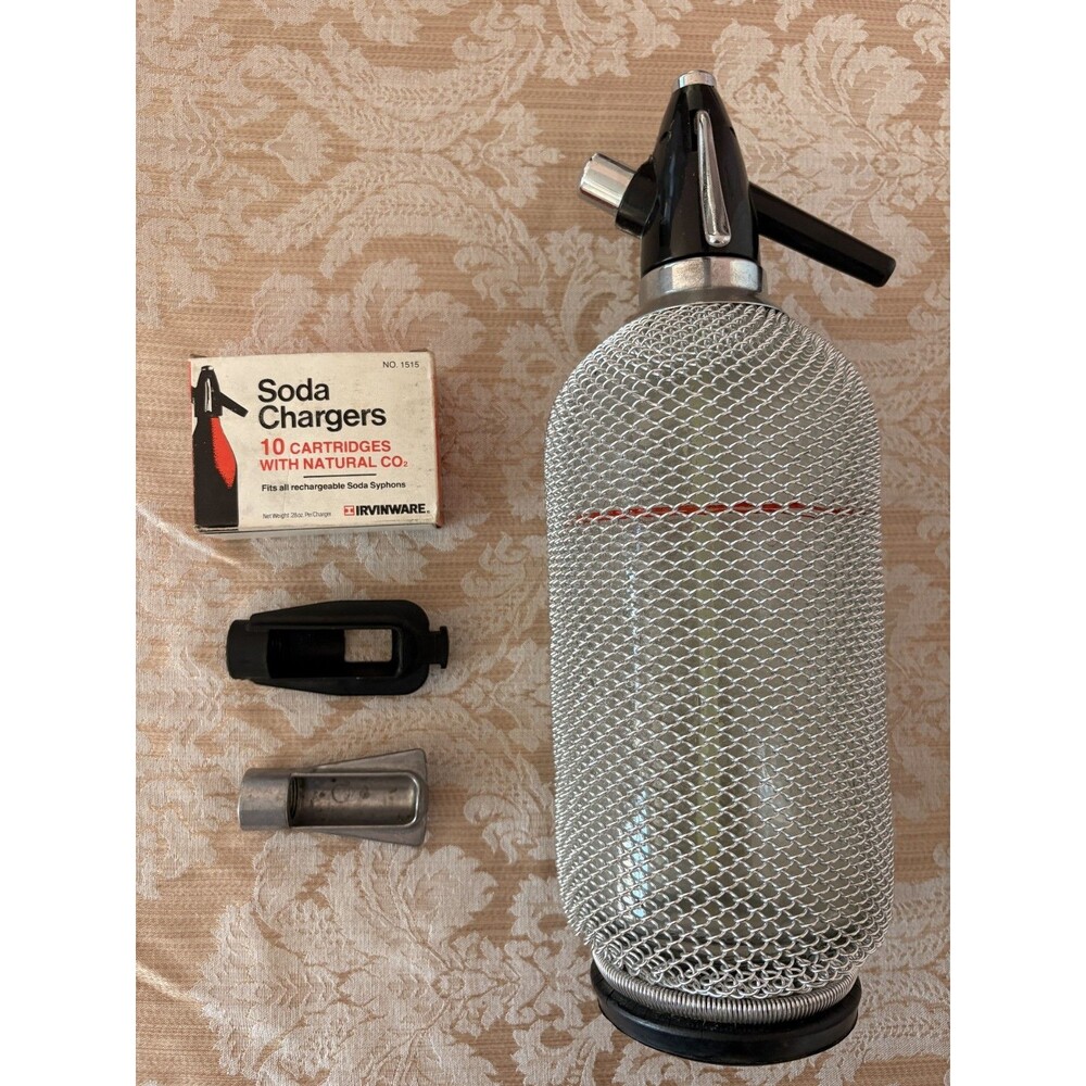 Vintage Kovocas Czech Republic Wire Mesh Glass Soda Siphon Seltzer Bottle